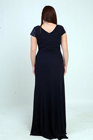 Kadın Kruvaze Yaka Astarlı Yanı Boncuk Garnili Büyük Beden Uzun Şifon Elbise