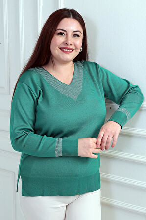 Kadın V Yaka Sim Detaylı Büyük Beden Bluz