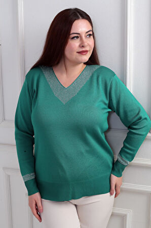 Kadın V Yaka Sim Detaylı Büyük Beden Bluz