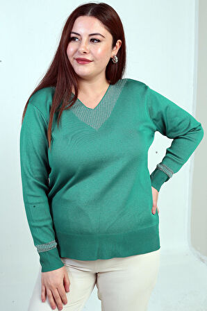 Kadın V Yaka Sim Detaylı Büyük Beden Bluz