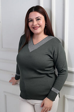 Kadın V Yaka Sim Detaylı Büyük Beden Bluz