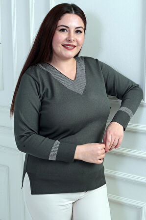 Kadın V Yaka Sim Detaylı Büyük Beden Bluz