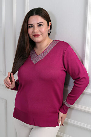 Kadın V Yaka Sim Detaylı Büyük Beden Bluz