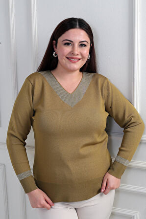 Kadın V Yaka Sim Detaylı Büyük Beden Bluz