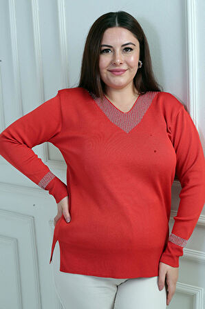 Kadın V Yaka Sim Detaylı Büyük Beden Bluz