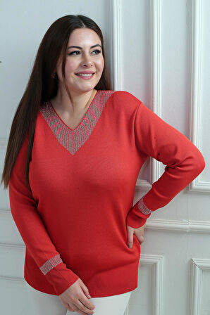 Kadın V Yaka Sim Detaylı Büyük Beden Bluz