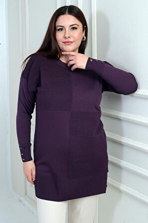 Kadın Kolları Düğme Detaylı Büyük Beden Tunik Bluz