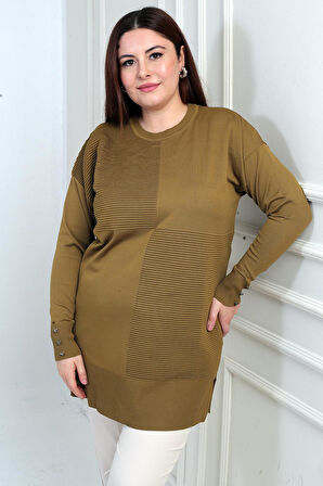 Kadın Kolları Düğme Detaylı Büyük Beden Tunik Bluz