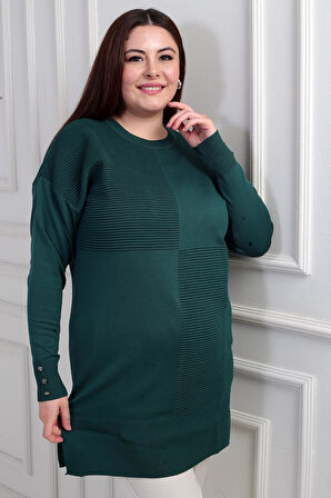 Kadın Kolları Düğme Detaylı Büyük Beden Tunik Bluz