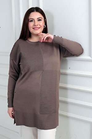 Kadın Kolları Düğme Detaylı Büyük Beden Tunik Bluz