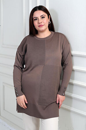 Kadın Kolları Düğme Detaylı Büyük Beden Tunik Bluz