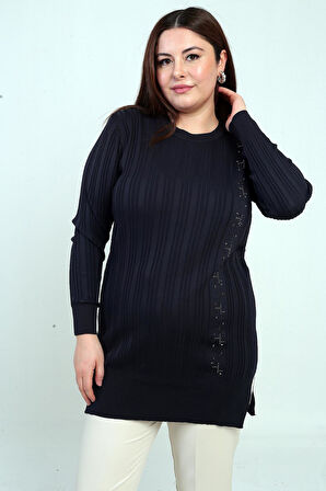 Kadın Yanı Taş Detaylı Büyük BedenTunik Bluz