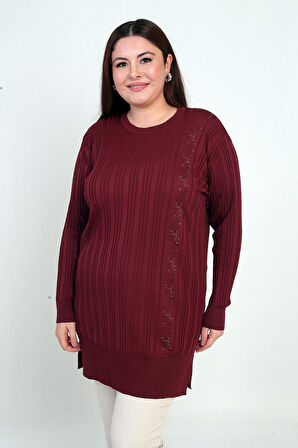 Kadın Yanı Taş Detaylı Büyük BedenTunik Bluz