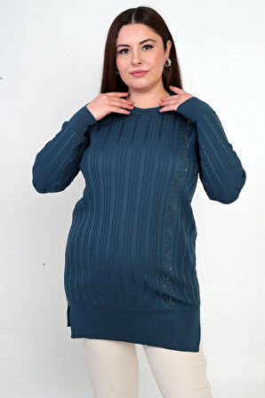 Kadın Yanı Taş Detaylı Büyük BedenTunik Bluz