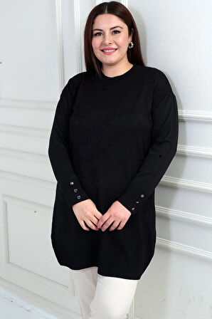 Kadın Kolları Düğme Detaylı Gül Desenli Büyük Beden Tunik Bluz