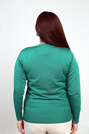 Kadın V Yaka Önü Taşlı Soğuk İplik Büyük Beden Triko Bluz