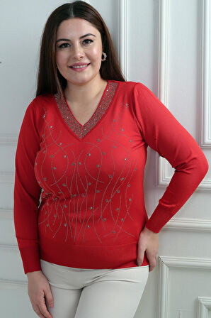 Kadın V Yaka Önü Taşlı Soğuk İplik Büyük Beden Triko Bluz