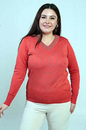 Kadın V Yaka Önü Taşlı Soğuk İplik Büyük Beden Triko Bluz