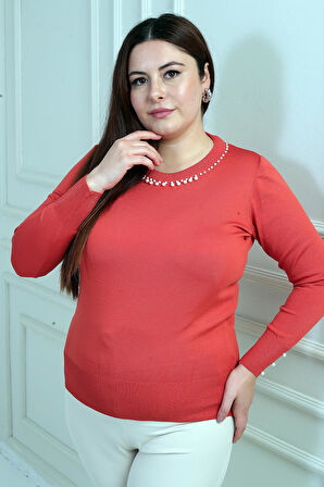 Kadın Kol Ve Yaka İnci Detaylı Büyük Beden Soğuk İplik Triko Bluz