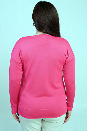 Kadın V Yaka Omuzları Taş Baskı Büyük Beden Triko Bluz