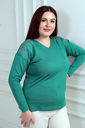 Kadın V Yaka Omuzları Taş Baskı Büyük Beden Triko Bluz