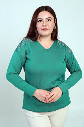 Kadın V Yaka Omuzları Taş Baskı Büyük Beden Triko Bluz