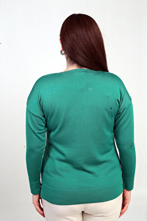 Kadın V Yaka Omuzları Taş Baskı Büyük Beden Triko Bluz