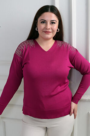 Kadın V Yaka Omuzları Taş Baskı Büyük Beden Triko Bluz