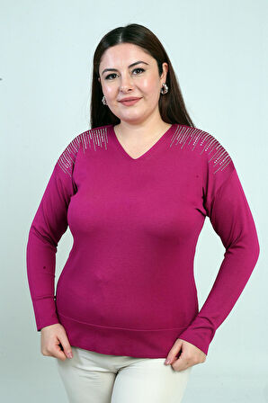 Kadın V Yaka Omuzları Taş Baskı Büyük Beden Triko Bluz