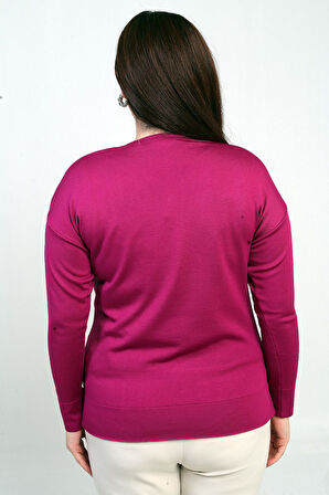 Kadın V Yaka Omuzları Taş Baskı Büyük Beden Triko Bluz