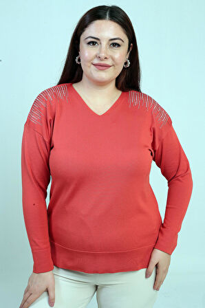 Kadın V Yaka Omuzları Taş Baskı Büyük Beden Triko Bluz