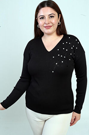 Kadın V Yaka Büyük Beden Taşlı Triko Bluz