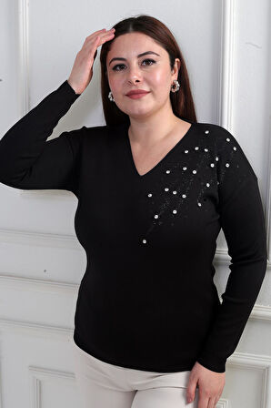 Kadın V Yaka Büyük Beden Taşlı Triko Bluz