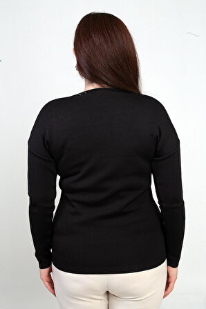 Kadın V Yaka Büyük Beden Taşlı Triko Bluz