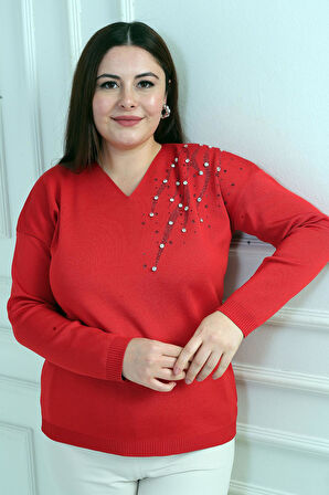 Kadın V Yaka Büyük Beden Taşlı Triko Bluz