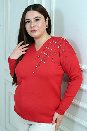Kadın V Yaka Büyük Beden Taşlı Triko Bluz
