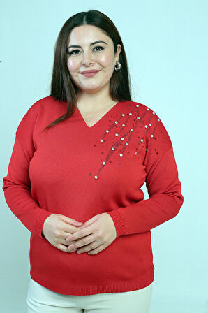 Kadın V Yaka Büyük Beden Taşlı Triko Bluz