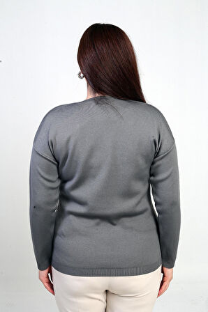 Kadın V Yaka Büyük Beden Taşlı Triko Bluz