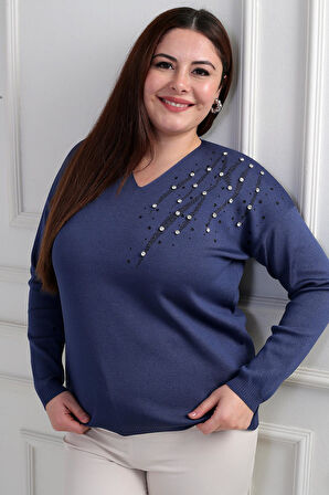 Kadın V Yaka Büyük Beden Taşlı Triko Bluz