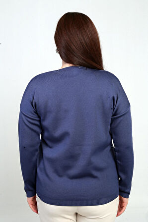 Kadın V Yaka Büyük Beden Taşlı Triko Bluz