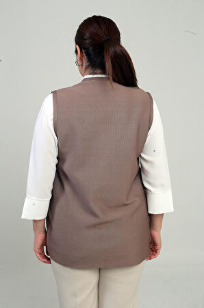 Kadın  Çiçek Motifli Cepli Büyük Beden Kısa Triko Yelek