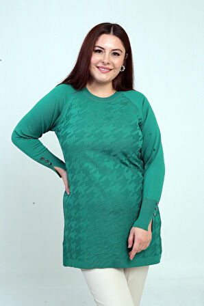 Kadın Büyük Kazayağı Desen Kolları Düğme Detaylı Büyük Beden Tunik Bluz