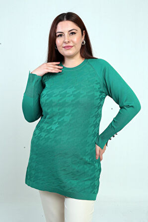 Kadın Büyük Kazayağı Desen Kolları Düğme Detaylı Büyük Beden Tunik Bluz