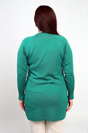 Kadın Büyük Kazayağı Desen Kolları Düğme Detaylı Büyük Beden Tunik Bluz