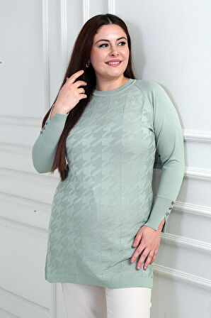 Kadın Büyük Kazayağı Desen Kolları Düğme Detaylı Büyük Beden Tunik Bluz