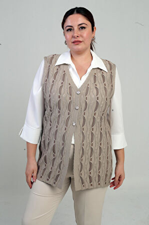 Kadın Önü Düğmeli Ajurlu Büyük Beden Triko Yelek