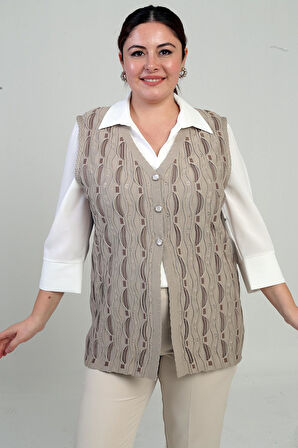 Kadın Önü Düğmeli Ajurlu Büyük Beden Triko Yelek