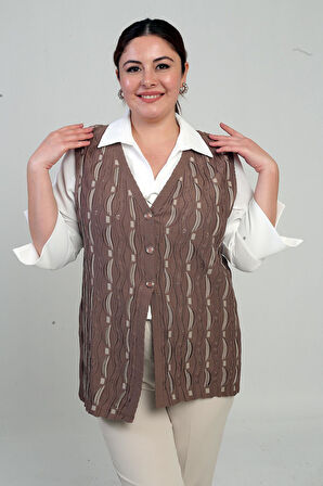 Kadın Önü Düğmeli Ajurlu Büyük Beden Triko Yelek