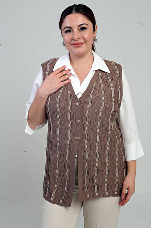 Kadın Önü Düğmeli Ajurlu Büyük Beden Triko Yelek