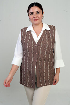 Kadın Önü Düğmeli Ajurlu Büyük Beden Triko Yelek